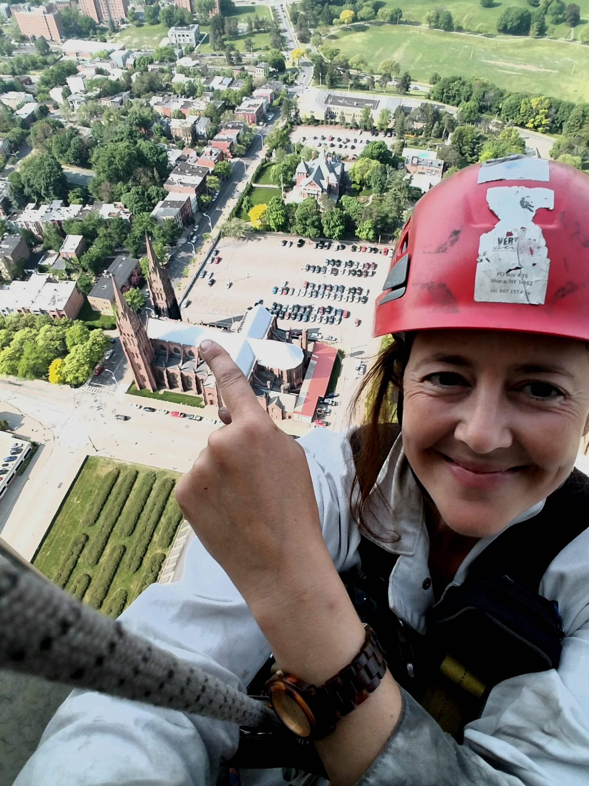 Kelly Streeter points to site of her first rope access project back in 1997.